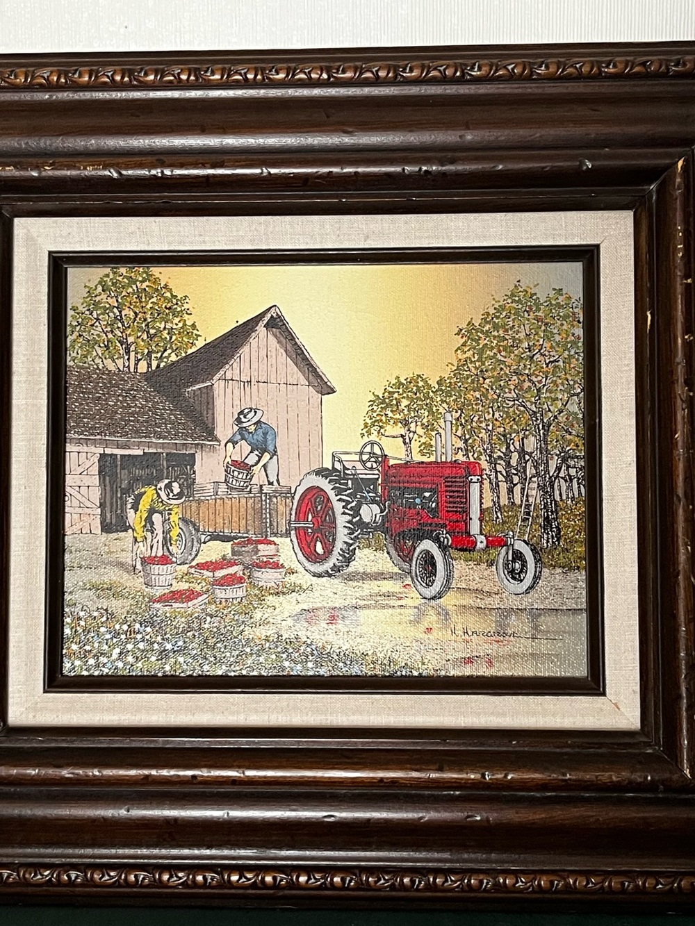 H. Hargrove Silk Screen Framed on Canvas- Red Tractor Apple Harvest